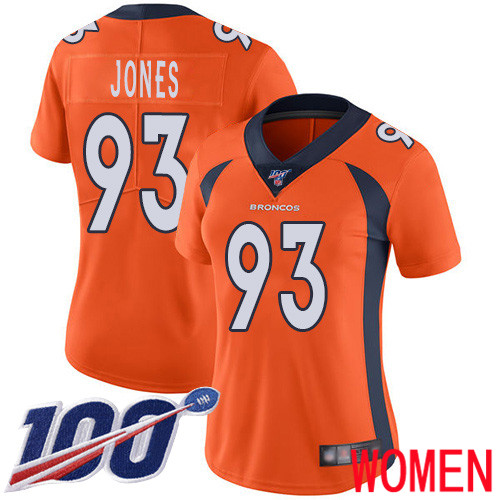 Women Denver Broncos 93 Dre Mont Jones Orange Team Color Vapor Untouchable Limited Player 100th Season Football NFL Jersey